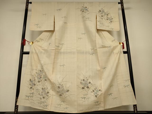 平和屋着物＊夏物　訪問着　生紬　手描き　草花文　正絹　逸品　AABJ3334jd