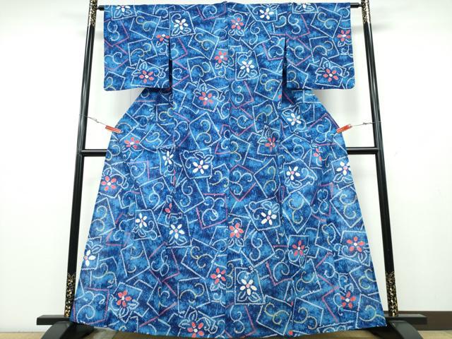 平和屋着物∴夏物　浴衣　有松鳴海絞り　色紙花唐草文　綿　逸品　CABA0723ng