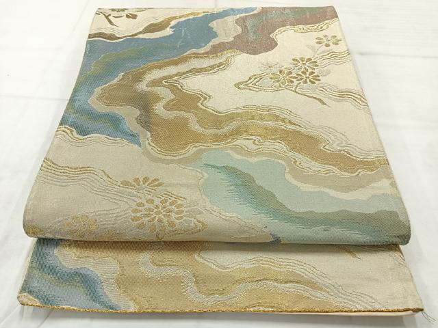 平和屋着物◎六通柄袋帯　道長花文　金糸　正絹　逸品　AABC9032uk