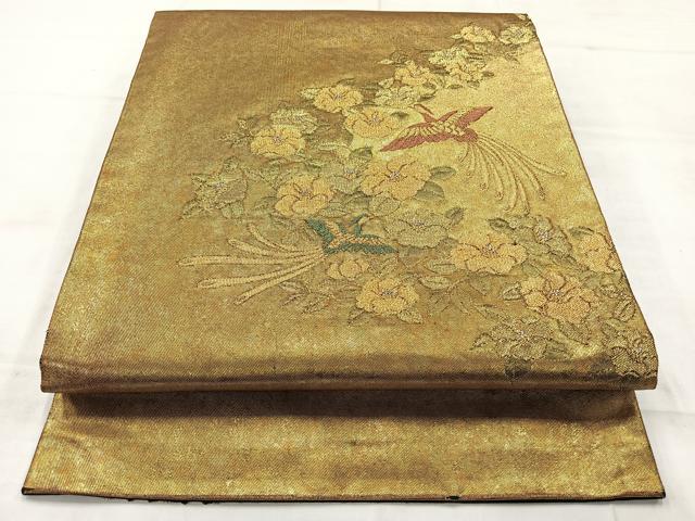 平和屋着物◎塩瀬 九寸開き名古屋帯 花鳥文 金銀糸 引箔 正絹 逸品 AABC9035uk
