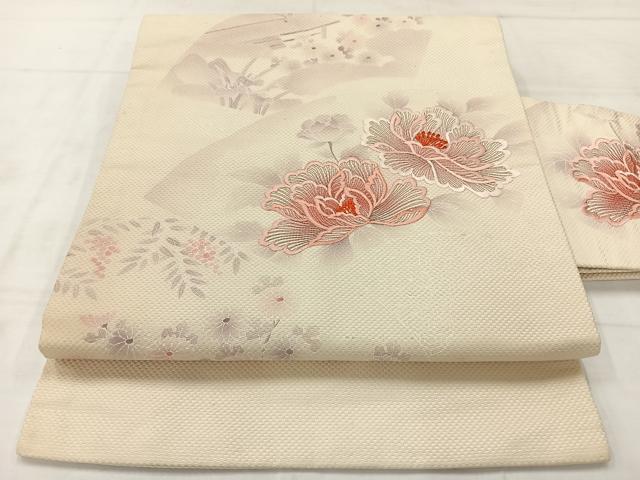 其它 - 平和屋着物◎九寸名古屋帯　刺繍　地紙花文　葡萄　正絹　逸品　AABC9086uk