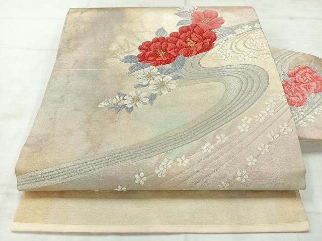 平和屋着物◎九寸名古屋帯　流水花文　金銀糸　正絹　逸品　AABC9087uk