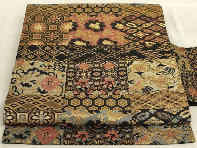 平和屋着物◎九寸名古屋帯 市松吉祥花文 黒地 金糸 正絹 逸品 AABD4250ou