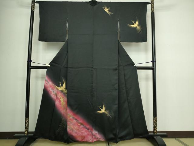 平和屋着物■訪問着 飛鶴花文 暈し染め 黒地 金彩 正絹 逸品 DAAY7980sf