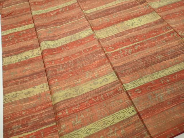 Full-Length Under-Kimono - 平和屋着物■上質な小紋　紬地　狩猟横段文　壁画文　正絹　逸品　DABB5110qa