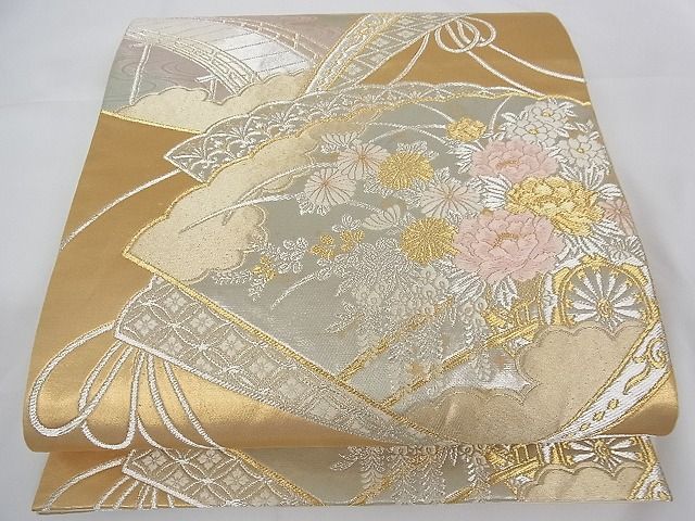 平和屋着物■六通柄袋帯 唐織 扇面花車文 金銀糸 正絹 逸品 A-tn2380