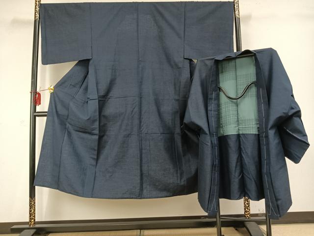 乐天商城 - 平和屋着物▽男性　単衣　紬　アンサンブル　留紺色　やまと誂製　正絹　逸品　未使用　AABD0369fy