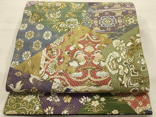 平和屋着物●全通柄袋帯　唐織　裂取花鳥文　冊子付　正絹　逸品　未使用　AABJ7472sx