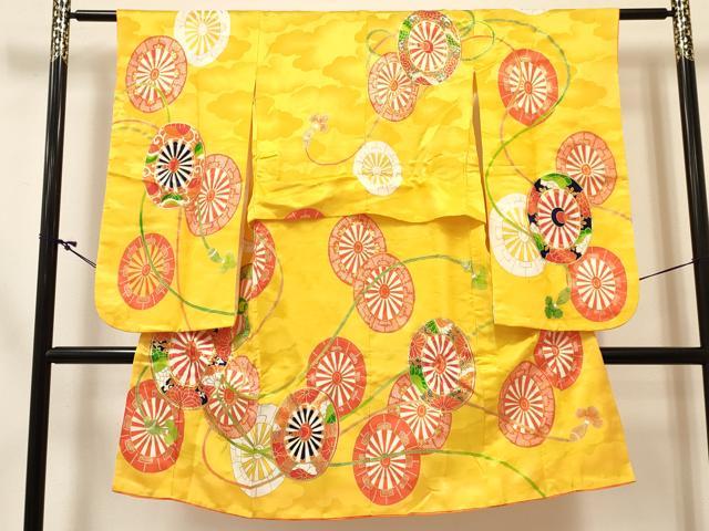 平和屋の平和屋着物[]七五三　女の子　7歳　祝着　四つ身　長襦袢(単衣)セット　駒刺繍　源氏車花文　金彩　洗える着物　DABC5148ma｜アングル2