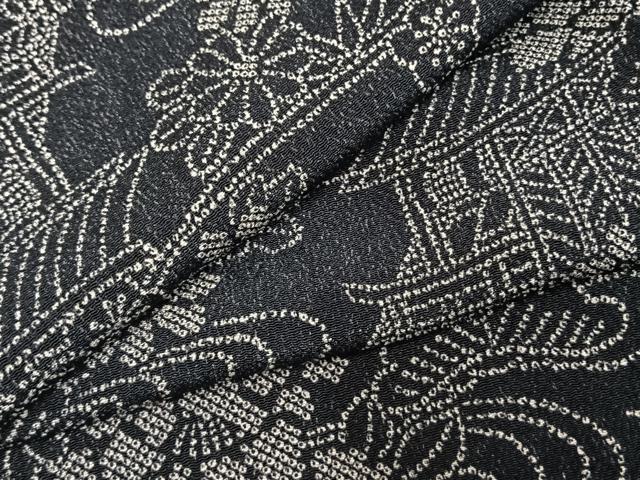 平和屋着物●上質な小紋　風景花文　黒地　鬼しぼ縮緬　正絹　逸品　AABD8739fy