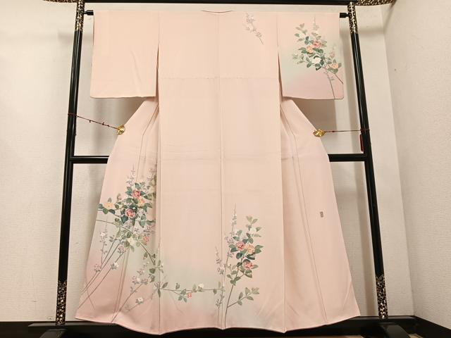 平和屋着物■極上　十日町友禅作家　岡村蒼風　訪問着　枝花文　白緑色地　暈し染め　逸品　DZAA6846kh5 平和屋着物＊極上 夏物 十日町友禅作家 岡村蒼風 訪問着 絽 風景