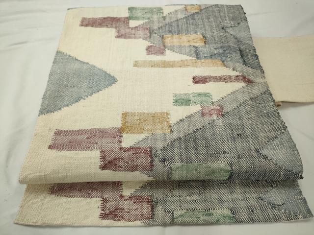 平和屋着物◎八寸名古屋帯 紬地 幾何学文 正絹 逸品 AABF3442gw