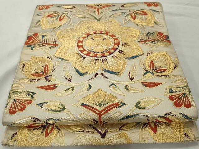 平和屋着物◎西陣 老舗 渡文謹製 手織 六通柄袋帯 吉祥花文 金銀糸 正絹 逸品 AABF3447gw