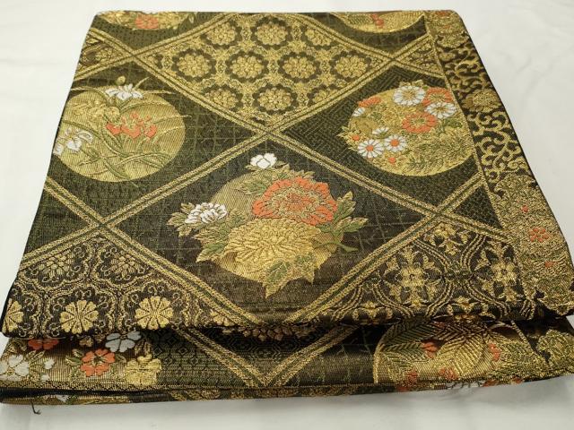 平和屋着物◎六通柄袋帯 吉祥花丸文 黒地 金糸 正絹 逸品 AABF3451gw