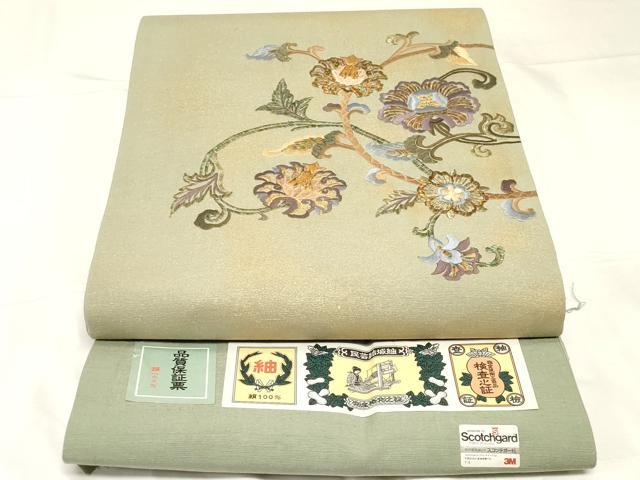 平和屋着物●太鼓柄袋帯　結城紬地　総刺繍　更紗文　金彩　証紙付き　正絹　逸品　CABC4759dy