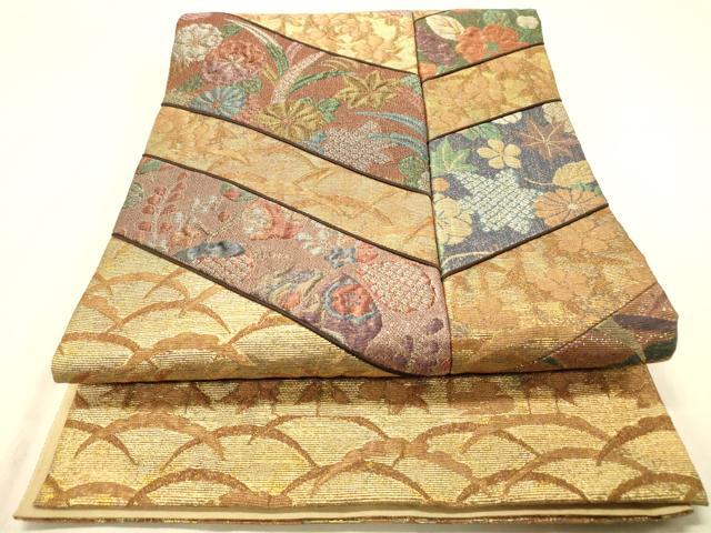 平和屋着物◎六通柄袋帯　ふくれ織り　切嵌　吉祥花文　金銀糸　正絹　逸品　DAAZ3748jm