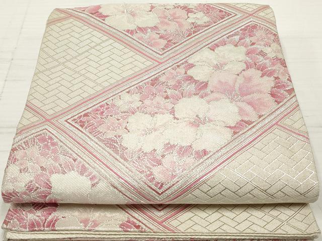 平和屋着物◎佐賀錦　六通柄袋帯　草花文　銀糸　正絹　逸品　DAAZ8561qa