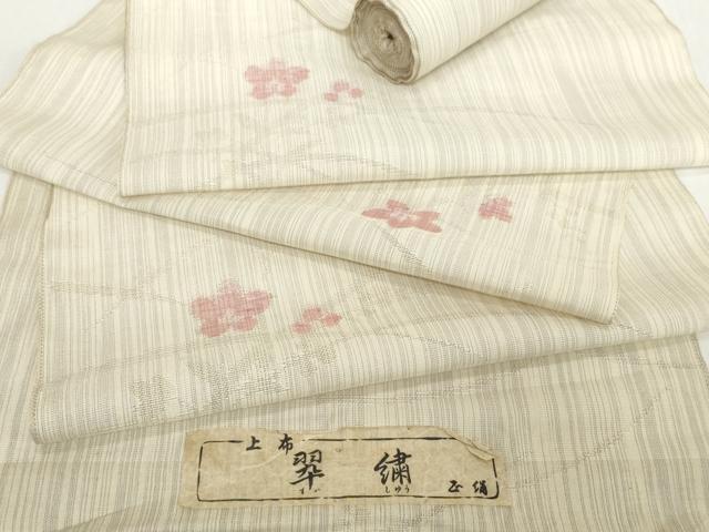 ■■■　サイズ　■■■ 長さ　　着尺分あり 幅　　　約37cm ■■■　商品詳細　■■■ 【正絹・未使用】 状態は接写画像のように表地所々・裏面に薄いシミ汚れ、 耳部分にヤケ・薄い汚れがございます。 大変上質な逸品になります。 お安く出品致しますので、是非この機会にいかがでしょうか？ ■■■　注意事項　■■■ ■モニター発色の具合により色合いが異なる場合がございます。 ■寸法は多少の誤差が生じる場合がございますのでご了承ください。 ■縫込みの長さが左右非対称の場合は短い部分を記載しております。 左右非対称であってもご返品・お値引き等の保証は出来かねますので、ご了承の上ご購入をお願い致します。 ■シミ等のチェックには注意を払っておりますが、見落としがある場合もございますし、個人の見解も様々ですので神経質な方のご購入はお控えください。 ■箪笥に入っておりました着物や帯なので畳みシワや匂いがあるものもございます。 ■お休みは基本的に土日祝となりますが、その他臨時でお休みする場合がございますのでご了承ください。 ■商品の発送は平日のみの発送となります。 ■夜間と土曜、日曜日はお問い合わせの回答が遅れる場合がございます。 ■当店では、お直し、紋入れ、お手入れ等は承っておりません。 ■生地の状態（ヤケ、経年劣化等）によってはサイズ直しが出来ない場合がございます。 その点もどうかご了承のうえ、ご購入をお願いいたします。 ■弊社で取り扱う商品は一点ものにつき、時期や在庫状況に応じて金額が変更となる場合がございます。 ■検針は行っておりません。予めご了承いただきますようお願いいたします。 ■【洗える着物】と記載のある商品におきましては、商品お届け後に洗濯を行ってしまってからのご返品にはご対応しかねます。 念の為、専門店でのお手入れをお願いいたします。 ■写真に写っている物が全てになります。それ以外の付属品はございませんのでご了承ください。 ■状態に関する写真につきましては、掲載可能な写真枚数に限りがあるため、各箇所につき1枚参考画像を掲載しております。 ■着物のサイズ目安は下記を参考ください↓ ＜女性着物＞　お端折り次第で＋5cm　－1cmが着用可能サイズ 　例）身丈170cmの場合、身長160cm～175cm ＜男性着物＞　身丈＋約25cm～27cm程が適応身長 　例）身丈155cmの場合、身長180～182cm