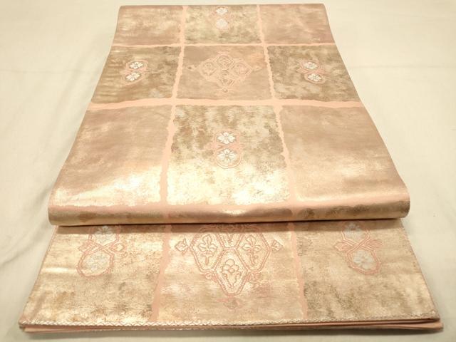 平和屋着物◎六通柄袋帯　市松飾花文　引箔　正絹　逸品　DAAZ3755jm