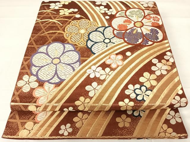 平和屋着物◎六通柄袋帯　唐織　流水花文　金糸　正絹　逸品　AABD3589yx