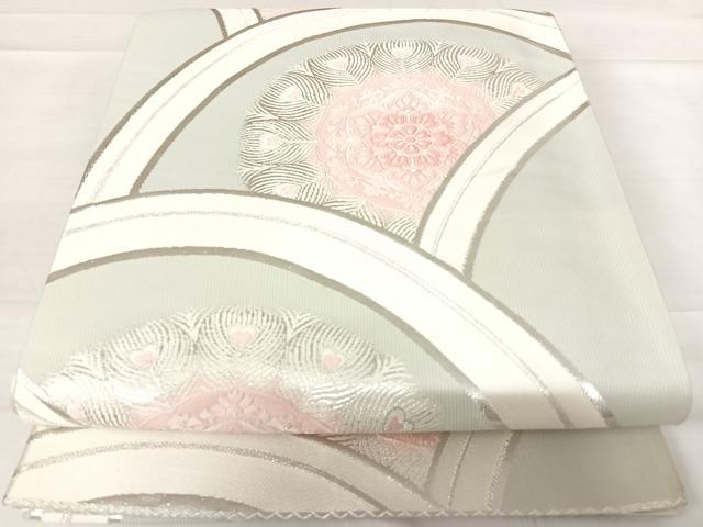 平和屋着物◎六通柄袋帯　唐織　孔雀花文　銀糸　正絹　逸品　AABD3606yx