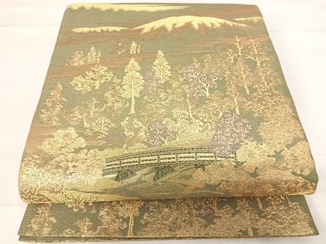 平和屋着物◎六通柄袋帯　樹林風景文　金糸　正絹　逸品　AABD3628yx
