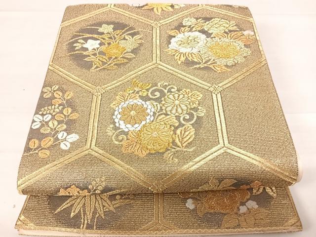 平和屋着物◎六通柄袋帯　唐織　朱座蜀金　亀甲花丸文　金糸　正絹　逸品　AABD3629yx