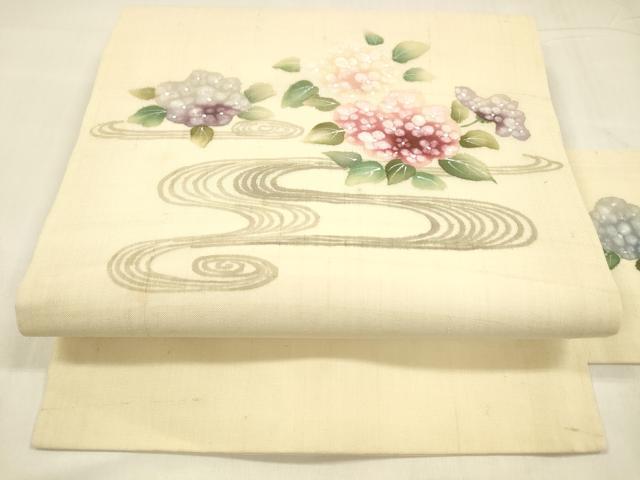 平和屋着物＊夏物　九寸名古屋帯　手描き　流水紫陽花　麻　逸品　DABA0460cm