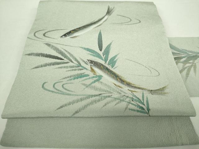 平和屋着物●九寸名古屋帯 染色作家作 手描き 川魚 鬼しぼ縮緬 金彩 正絹 逸品 DABA1379ps