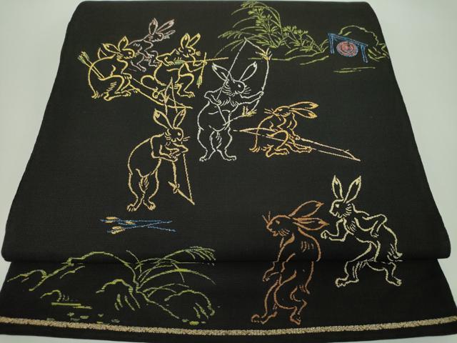 平和屋着物●六通柄　京本袋帯　鳥獣戯画　?山寺　黒地　金糸　正絹　逸品　DABD1382ps