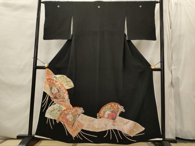 平和屋着物■豪華黒留袖 駒刺繍 扇面花鳥文 金彩 正絹 逸品 AABJ2219st
