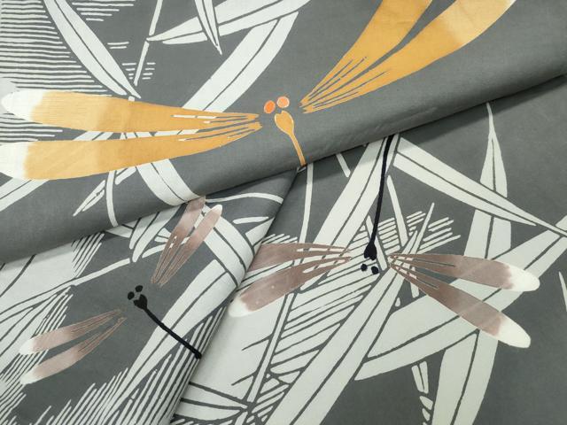 平和屋着物∴夏物　浴衣　型染め　トンボ　蜻蛉　水辺草木文　綿　逸品　CABA0711ng