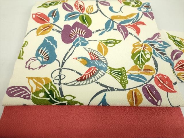 平和屋着物●全通柄九寸名古屋帯 型染 花鳥文 鬼しぼ縮緬 正絹 逸品 未使用 DAAZ0827ps