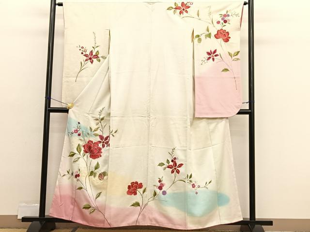 妇女和服 - 平和屋着物■豪華振袖 総刺繍 枝花文 暈し染め 金銀糸 正絹 逸品 BAAX2441hv