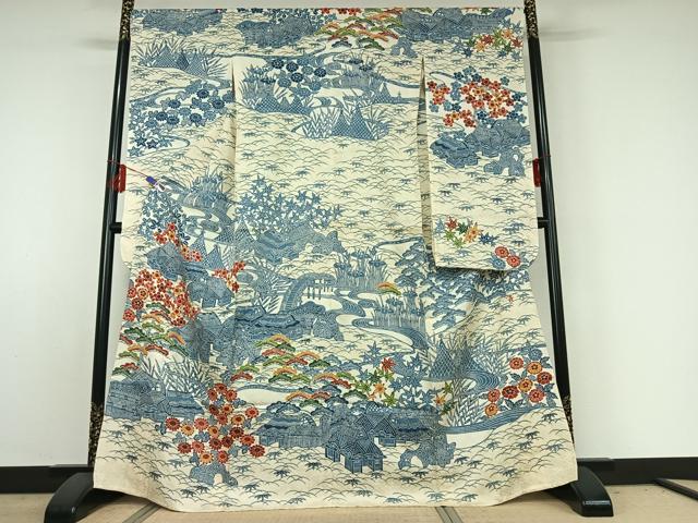 平和屋着物▽和染紅型 栗山紅型 栗山吉三郎 振袖 単衣 型染め 松竹梅風景文 高島屋扱い 正絹 逸品 AABE3383jh