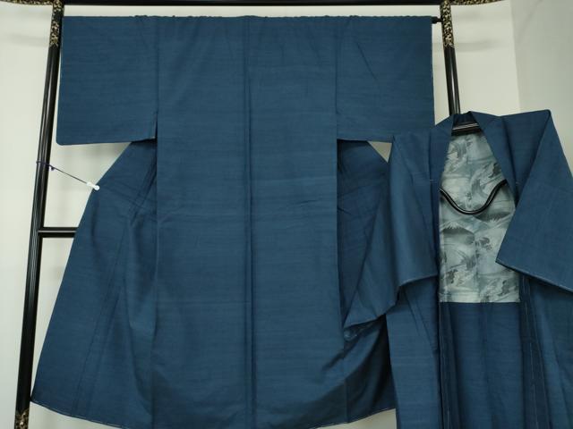 平和屋着物●男性　紬　アンサンブル　長羽織　色無地　濃紺地　正絹　逸品　未使用　DABA1492ps