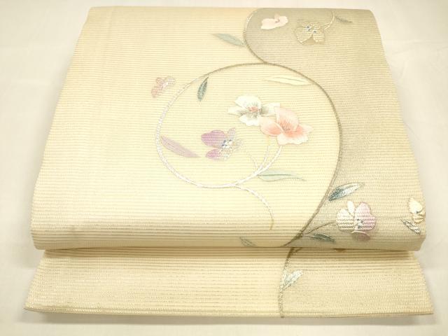 衣帶 - 平和屋着物＊夏物　九寸開き名古屋帯　刺繍　枝花文　銀彩　正絹　逸品　DABA0381cm