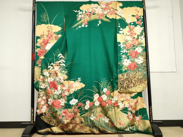平和屋着物●豪華振袖　雲取り流水草花文　金彩　正絹　逸品　AABF6632cs