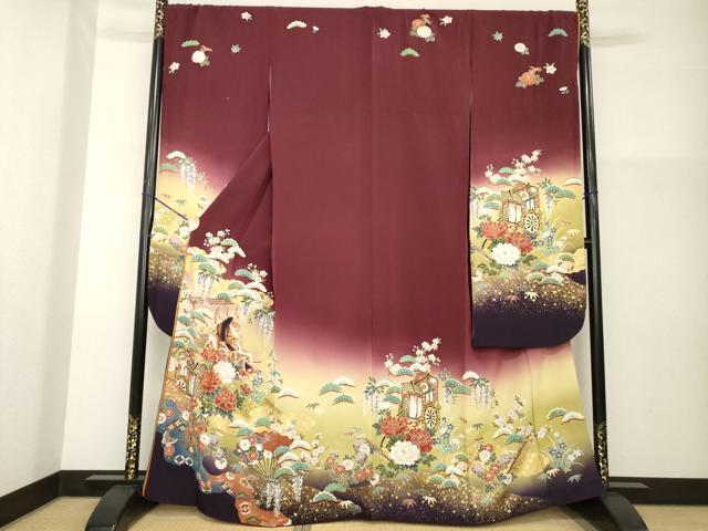 平和屋着物●豪華振袖　駒刺繍　御所車女人花文　暈し染め　金彩　正絹　逸品　AABG4064ck