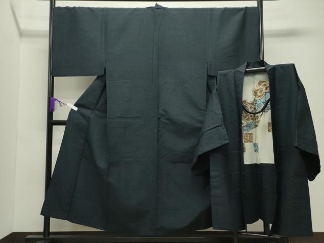 平和屋着物●男性　髭紬　アンサンブル　色無地　漆黒色　正絹　逸品　CABC8091gh