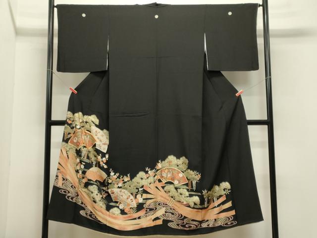 平和屋着物■豪華黒留袖　駒刺繍　地紙重ね御所車文　金彩　正絹　逸品　CABA0304oy
