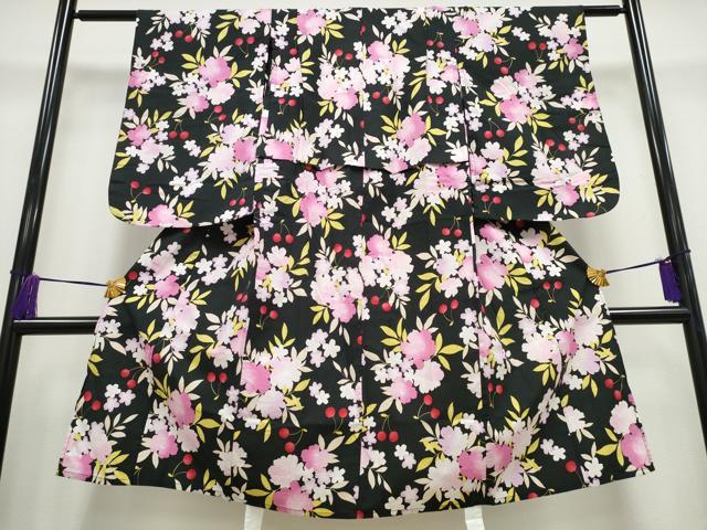 平和屋着物∴夏物 浴衣 子供 女の子 さくらんぼ 舞花文 黒地 綿 逸品 CABA0642ng
