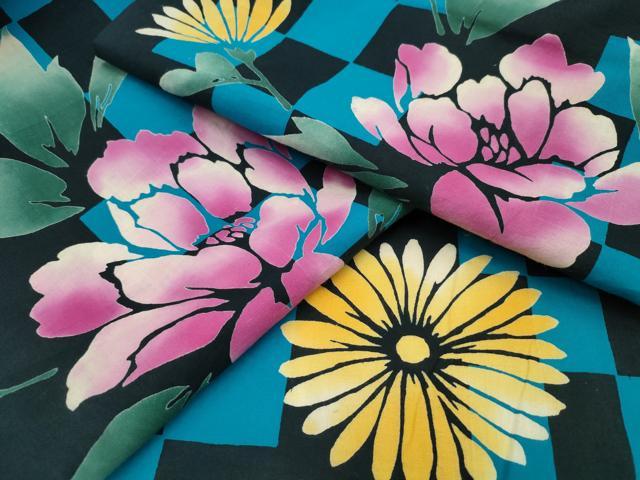 平和屋着物∴夏物　浴衣　市松牡丹菊文　綿　逸品　CABA0646ng
