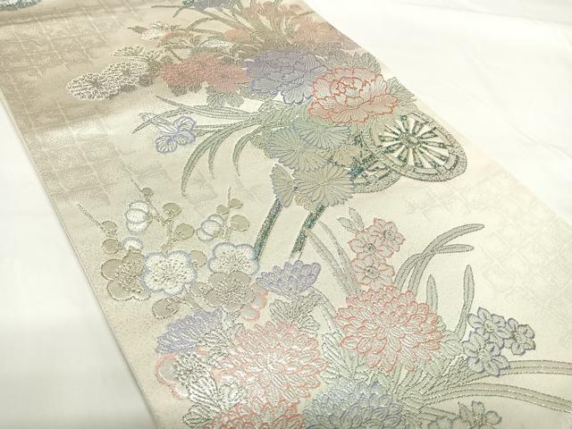平和屋の平和屋着物◎六通柄袋帯 唐織 九百プラチナ 花車文 正絹 逸品 AABG2141yx｜アングル2