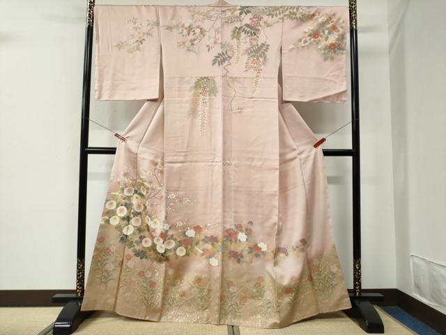 平和屋着物●訪問着　刺繍　草花文　金通し地　正絹　逸品　未使用　CABE2618yc