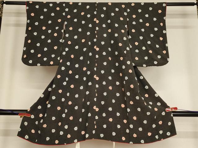 平和屋着物[]子供　女の子　小紋　型染め　舞花文　黒地　正絹　逸品　AABF2163ja