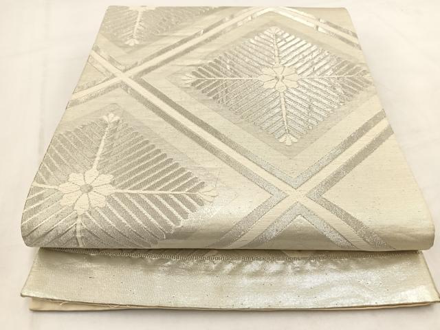 平和屋着物◎六通柄袋帯 唐織 菱天井花松文 銀糸 正絹 逸品 BAAV7826yc