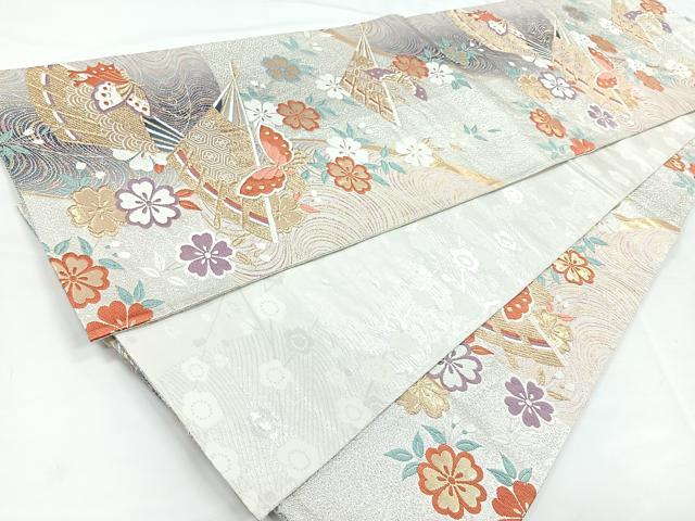 平和屋着物◎両面　全通柄袋帯　唐織　扇面花蝶文　金銀糸　正絹　逸品　CABB0892nb