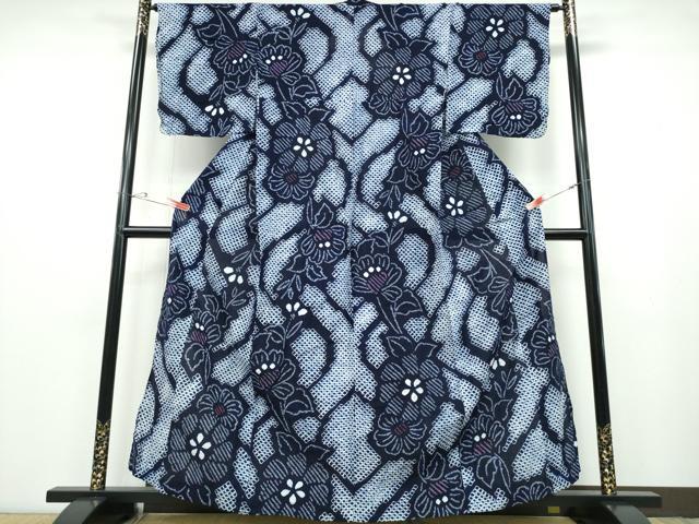 平和屋着物∴夏物　浴衣　有松鳴海絞り　立涌枝花文　綿　逸品　CABB6764ng