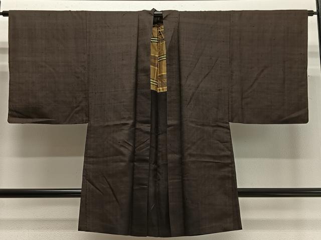 平和屋着物∞男性　長羽織　紬地　赤墨色　正絹　逸品　CABD4558ua
